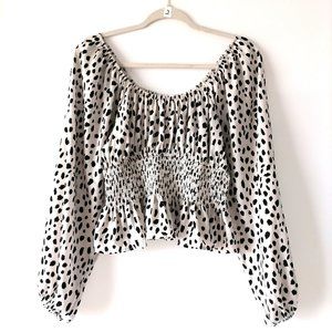 Sincerely Jules Womens White Black Balloon Sleeve Smocked Spotted  Blouse Size M